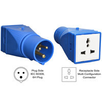888-2126-UV IEC 60309 Plug Adapter to European Schuko Connector, IP44 Rated, 16A 250V, 6H, IEC 309